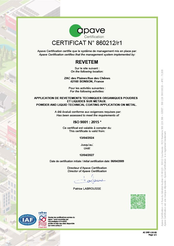 Certification ISO 9001 REVETEM