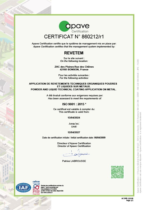 CERTIFICAT DE COMPÉTENCES N° Certification ISO 9001 REVETEM